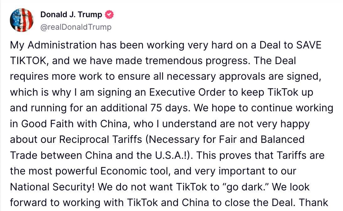 Donald Trump Signs a TikTok Extension as Market Continues to Crash